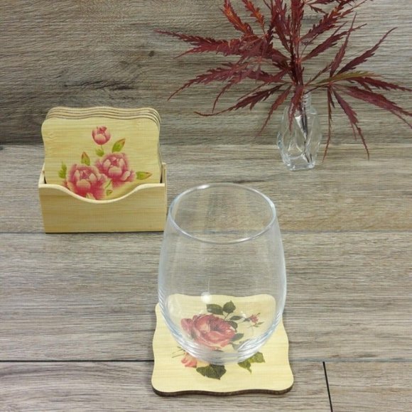 Coaster Set Wooden Flowers Drinks Coaster w/Holder Home Housewarming Gift VTG - Picture 4 of 7